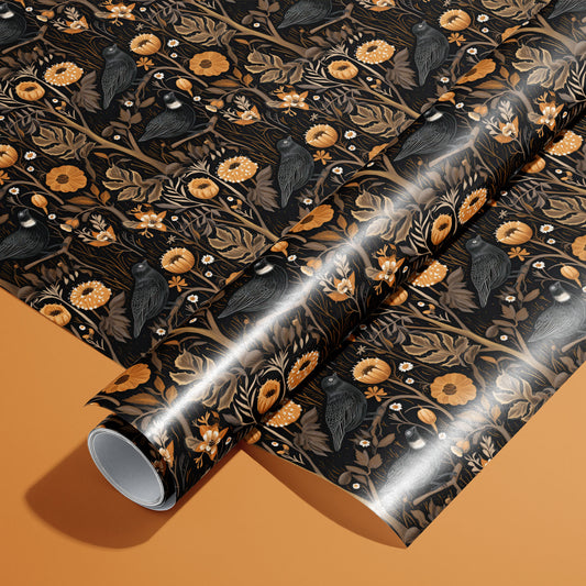A roll of Autumn Floral wrapping paper on an unrolled sheet, featuring painterly fall blooms and leafy sprigs in burnt orange, gold, and burgundy, set on a warm rust surface.