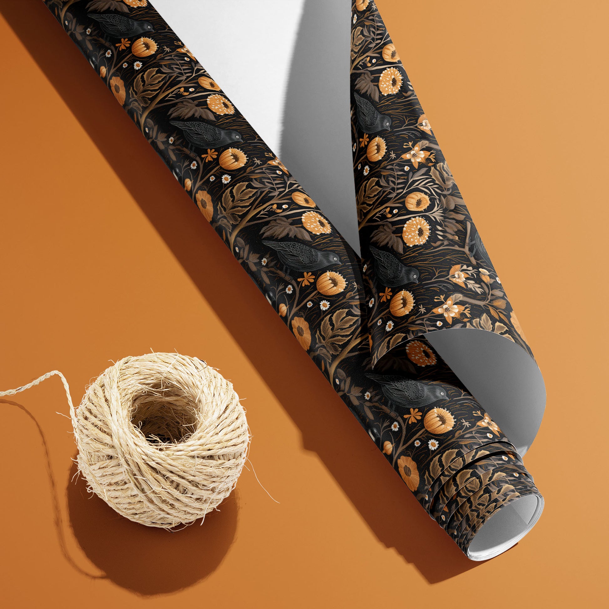 A partially unfurled roll of Autumn Floral with its white underside visible beside a spool of natural twine, the fall florals in orange, gold, and burgundy on a warm rust surface.