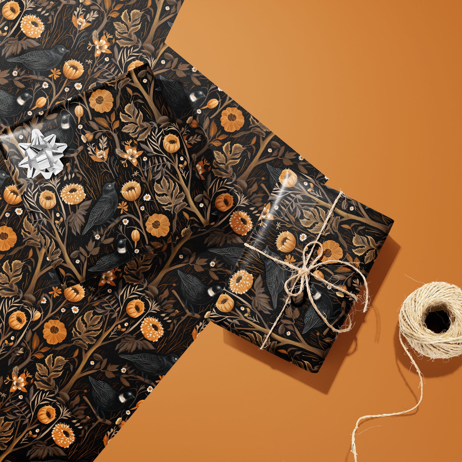 Two gifts wrapped in Autumn Floral—one with a silver bow and one tied with twine—rest on two unused sheets beside a twine spool on a warm rust surface, with painterly fall florals.
