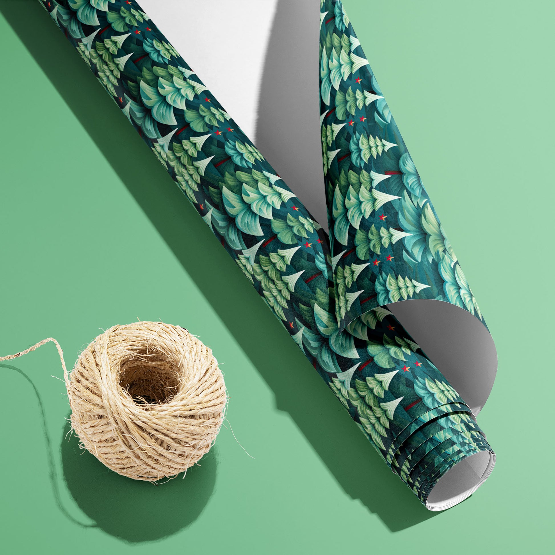 A partially unfurled Modern Trees roll with the white underside visible beside a spool of natural twine, featuring stylized teal firs with red accents on a mint green background.