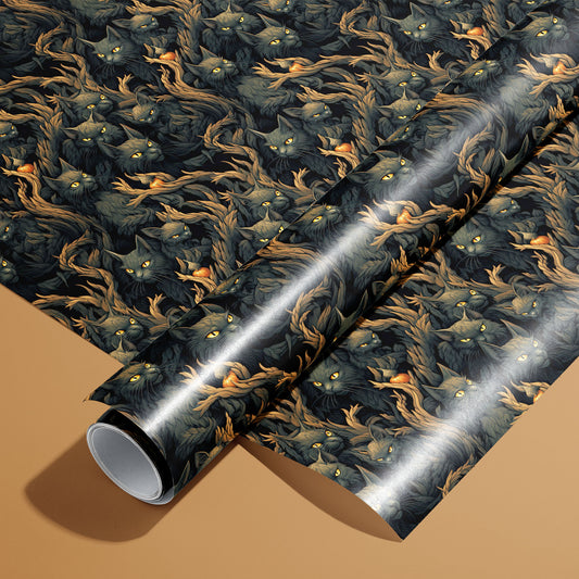 A roll of Midnight Prowlers wrapping paper resting on a matching unrolled sheet on a caramel-brown surface, featuring black cats with amber eyes hidden in tangled branches.