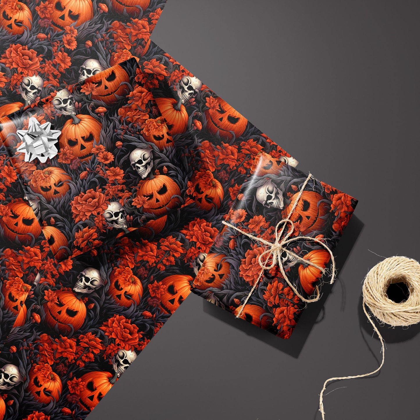 Two gifts wrapped in Ghastly Grove—one with a silver bow, one tied with twine—rest on two matching sheets, revealing pumpkins, skulls, and red florals on black, on a dark gray surface.