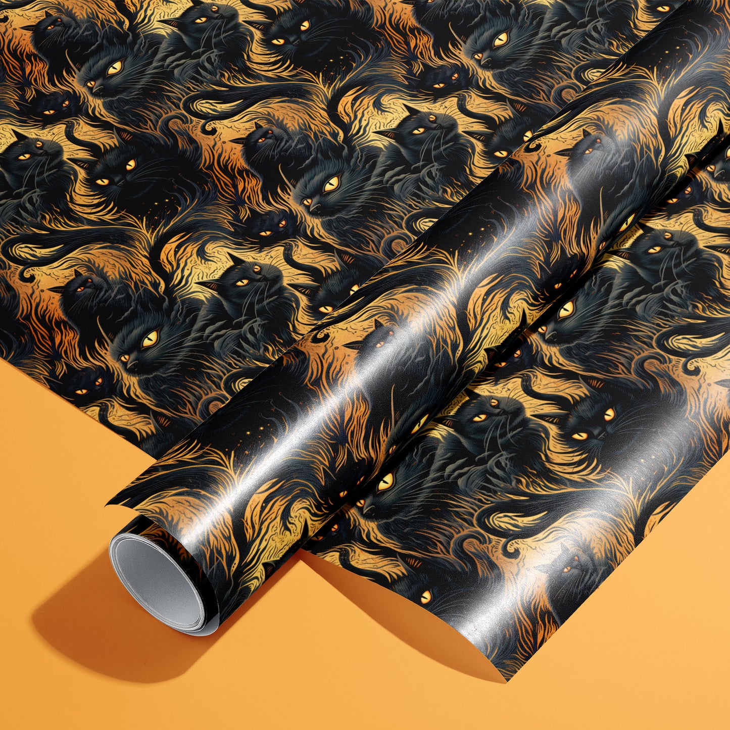 A roll of Feline Flames rests on a matching unrolled sheet, featuring black cats with ember-bright eyes amid swirling fire-like fur on a dark ground, on a pumpkin-orange surface.