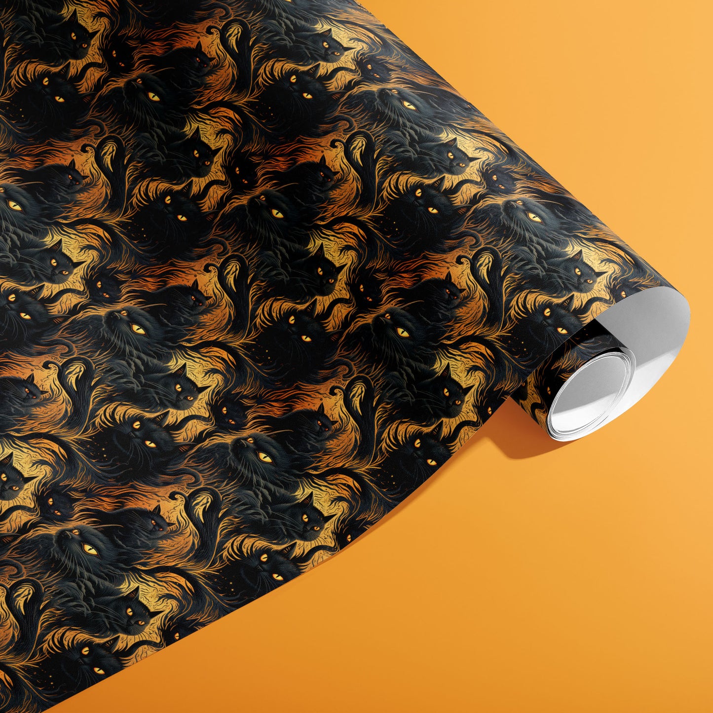 A partially unfurled roll of Feline Flames shows midnight cats and flickering flame swirls with ember specks across a dark field against a pumpkin-orange backdrop.