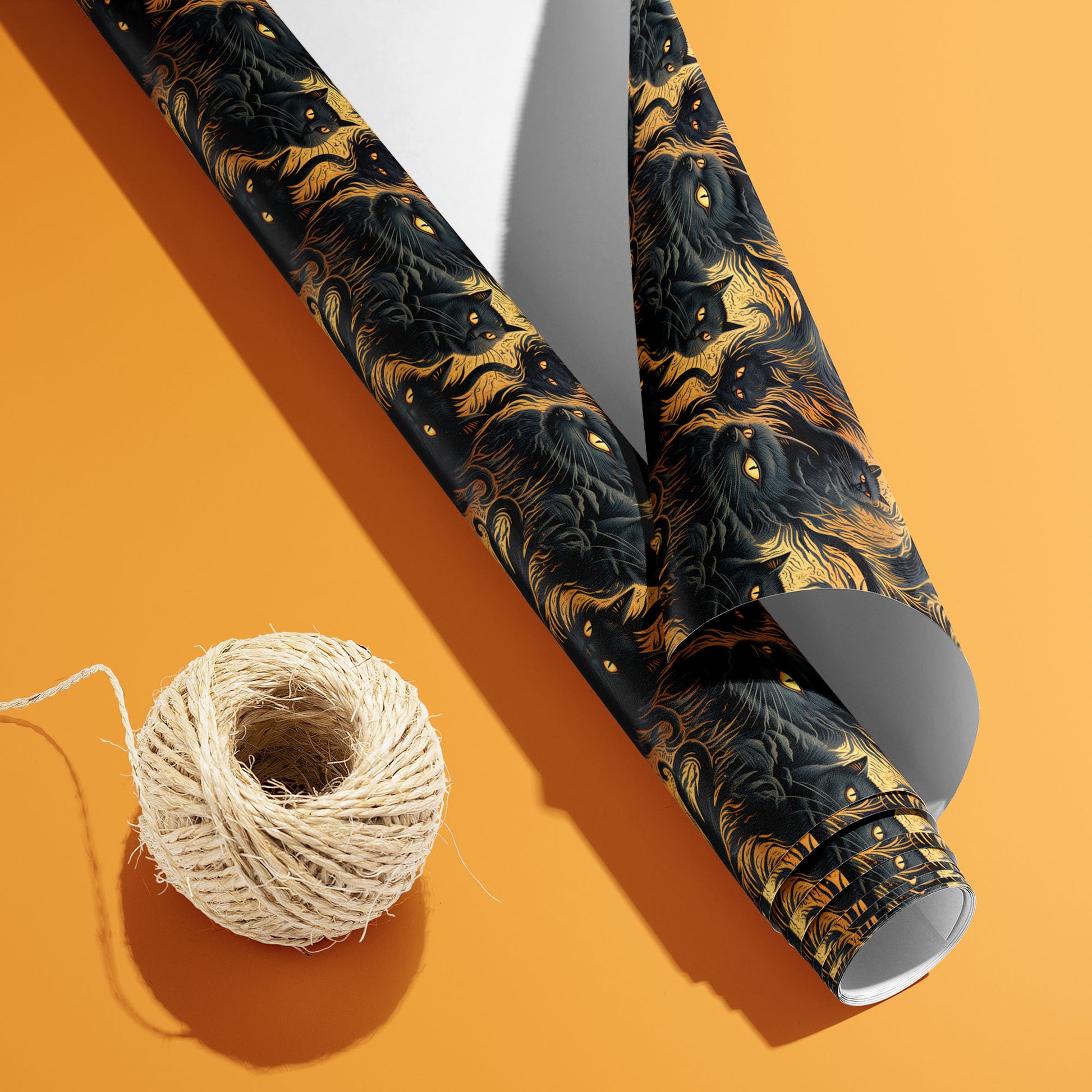 A partially unfurled roll of Feline Flames with the white underside visible sits beside natural twine on pumpkin orange, revealing black cats and fiery swirls on a dark ground.
