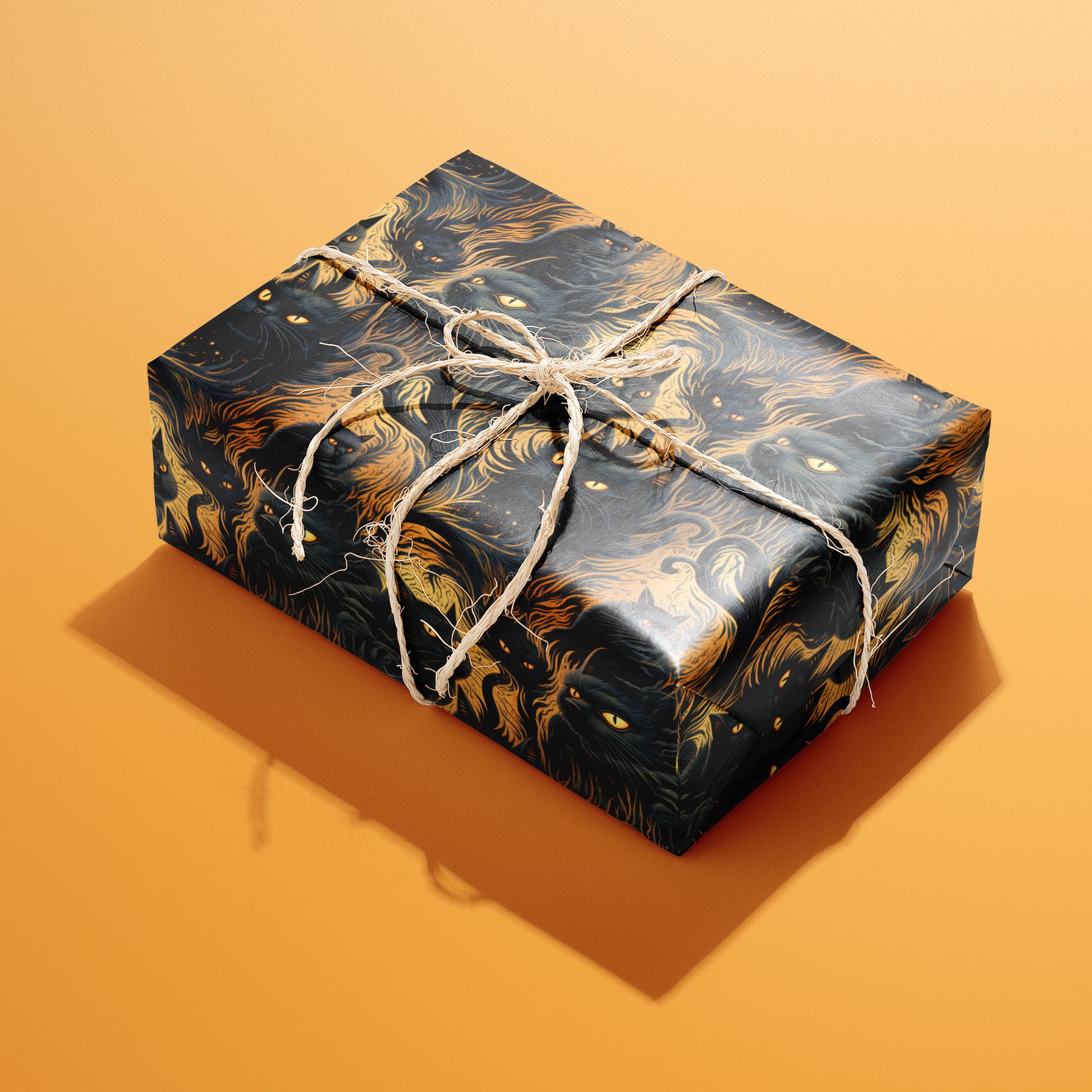 A single gift wrapped in Feline Flames and tied with natural twine displays black cats with glowing eyes and flame-like fur on a dark ground against a pumpkin-orange background.