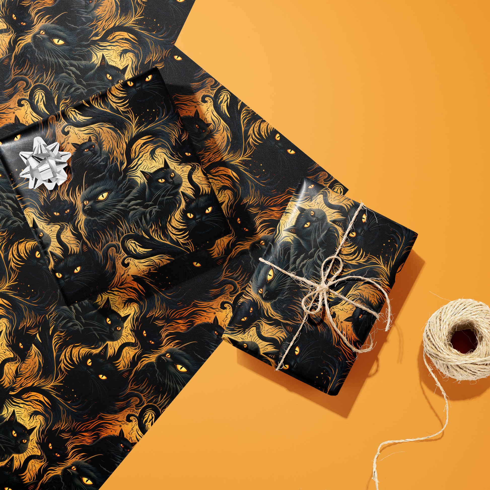 Two gifts in Feline Flames—one silver-bowed and one tied with twine—rest on two unused sheets with blazing cat motifs on a dark ground beside a twine spool on pumpkin orange.