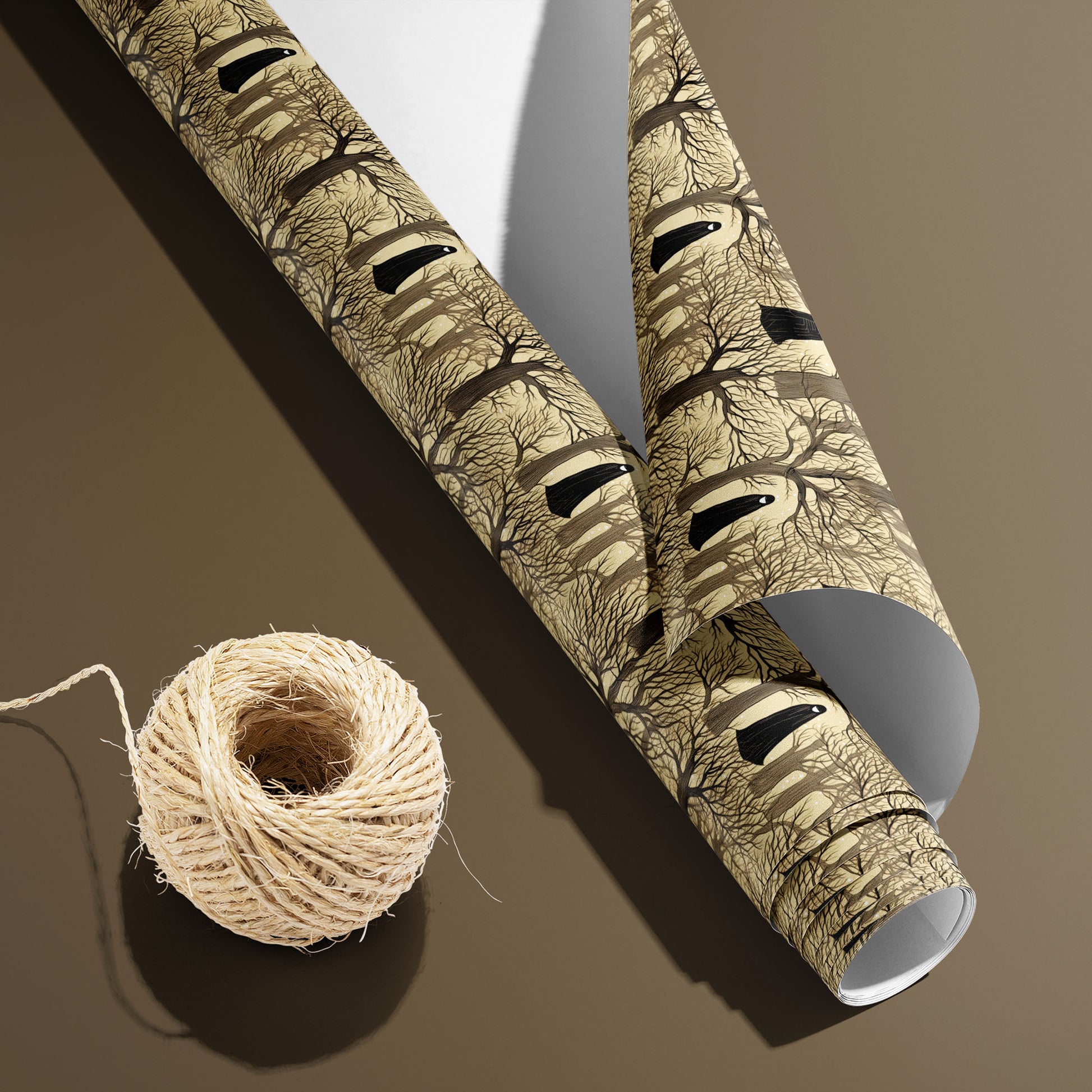 A partially unfurled roll of Silent Forest, white underside visible next to a spool of natural twine, displays cloaked figures among leafless trees on a parchment-tan ground over warm brown.