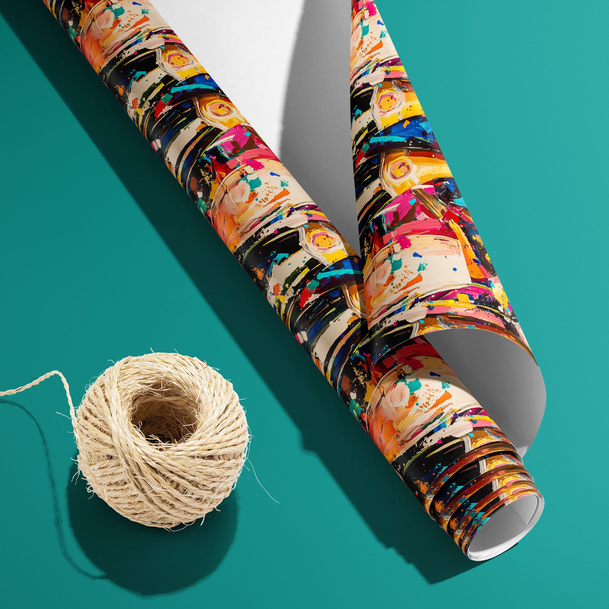 A partially unfurled roll of Cheers in Color with the white underside visible beside a spool of natural twine, displaying colorful champagne motifs on a dark ground on teal.