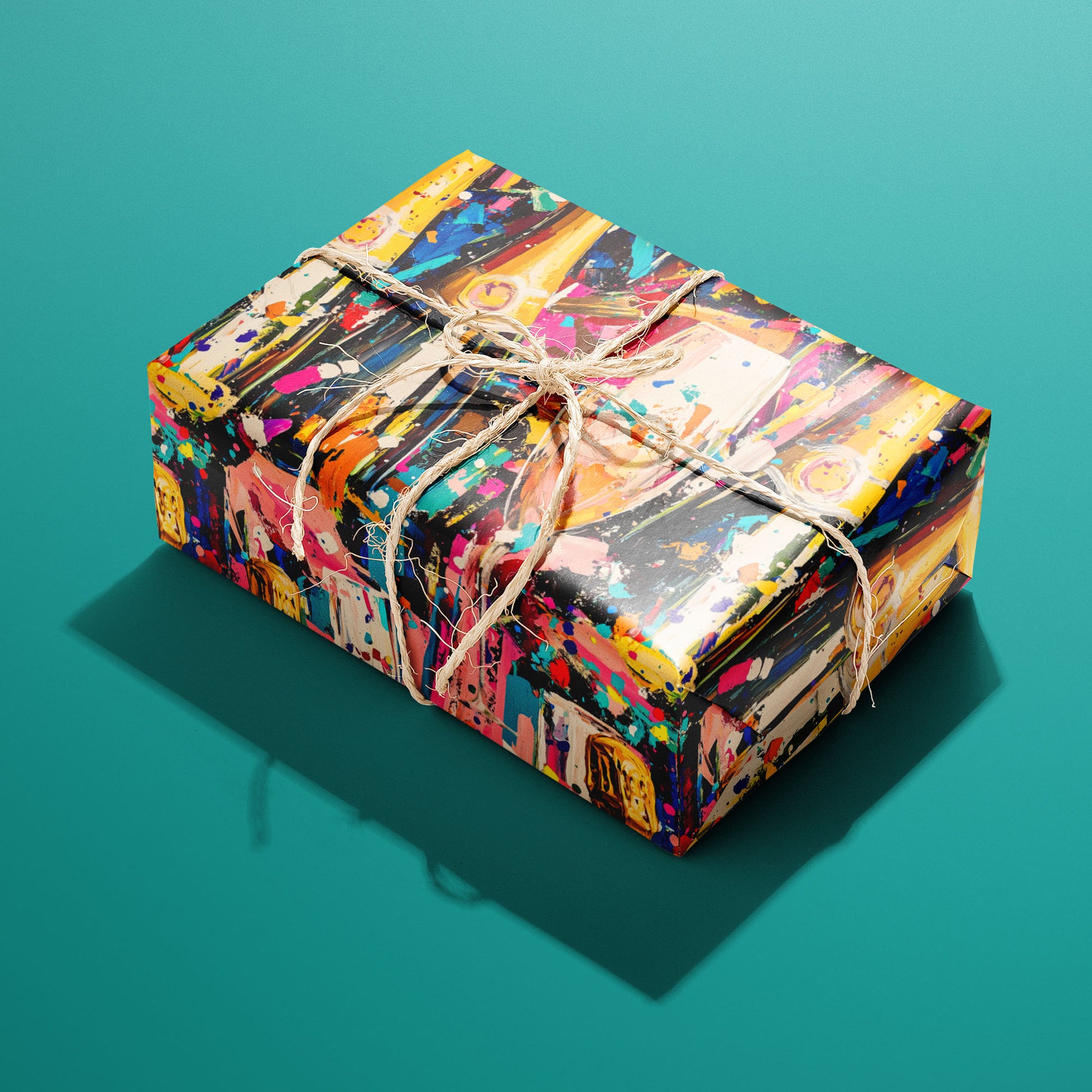 A single rectangular gift wrapped in Cheers in Color and tied with natural twine, its lively champagne bottles and confetti brushstrokes popping on a dark print over a teal backdrop.