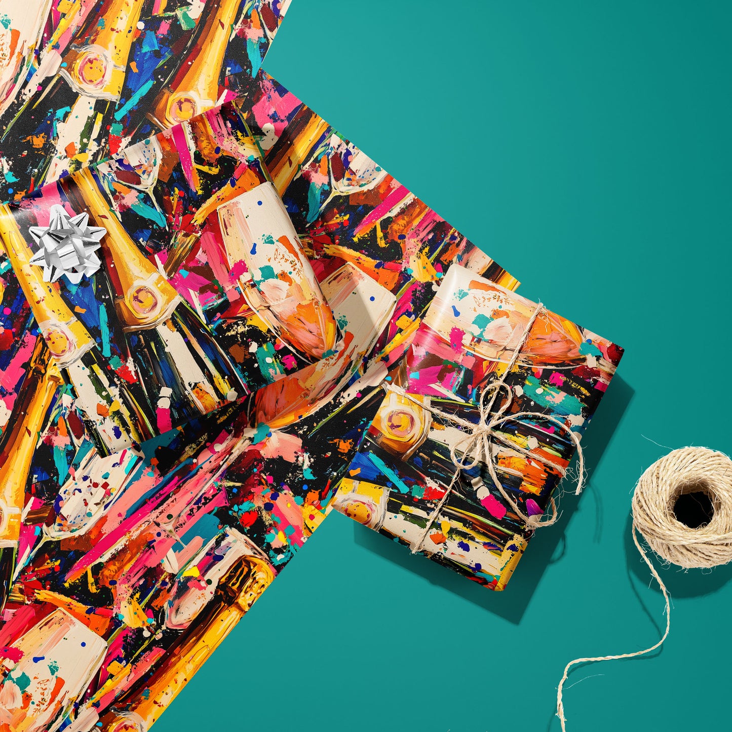 Two gifts wrapped in Cheers in Color—one with a silver bow and one tied with twine—rest on two matching sheets next to a spool of twine, with vibrant champagne motifs on teal.