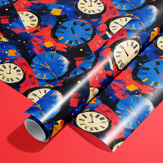 A roll of Timeless Celebration rests on a matching unrolled sheet, featuring vintage clock faces and confetti-like brushstrokes in blue, red, and gold on black, on a bright red surface.