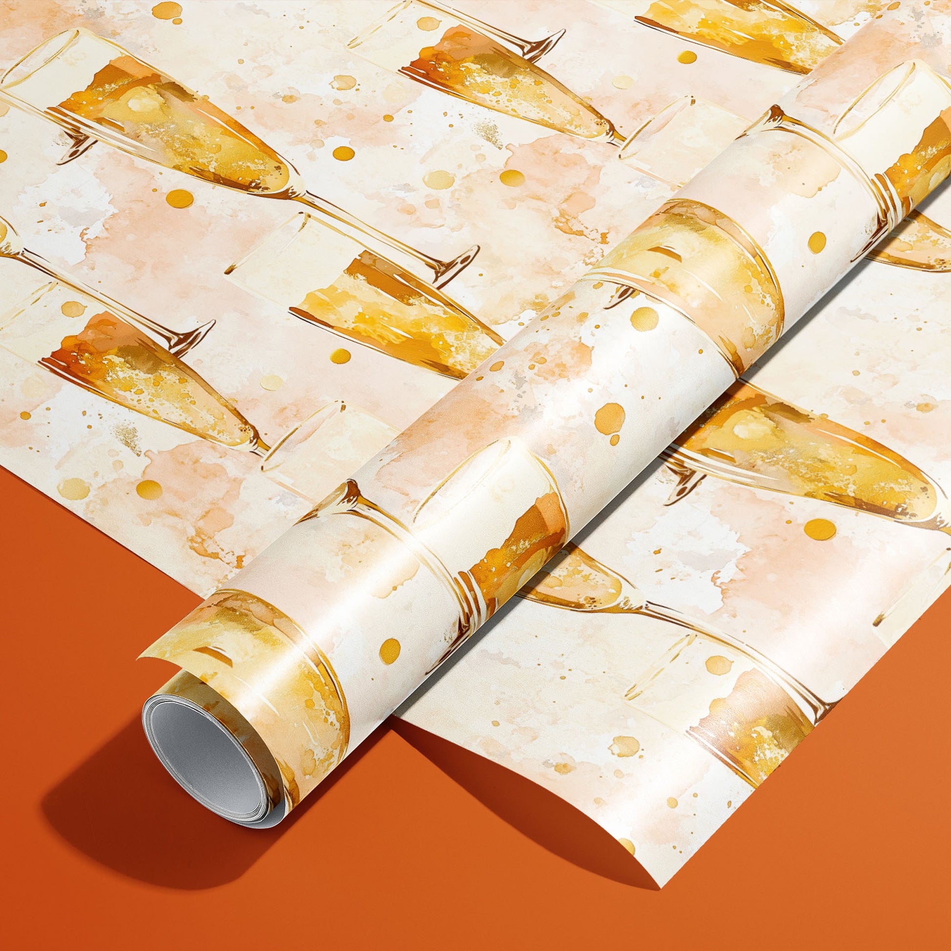 A roll of Sparkling Celebrations rests on a matching unrolled sheet, showing watercolor champagne flutes and bubbly dots on a blush cream ground over an orange surface.