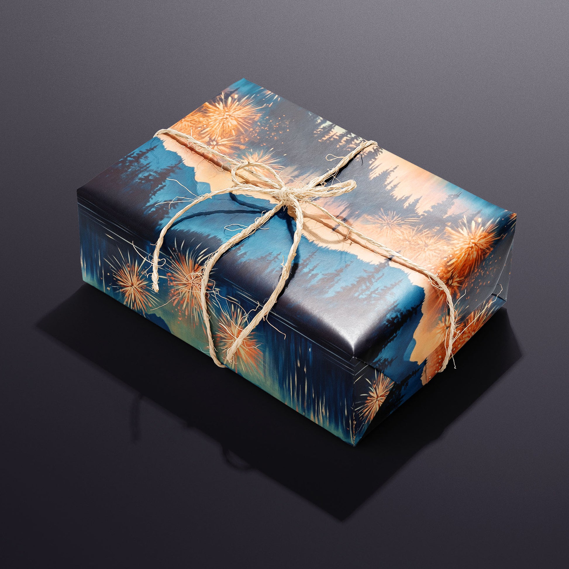 A single gift wrapped in Radiant Reflections and tied with natural twine displays a mountain lake scene with fireworks and mirrored glow against a charcoal-purple background.