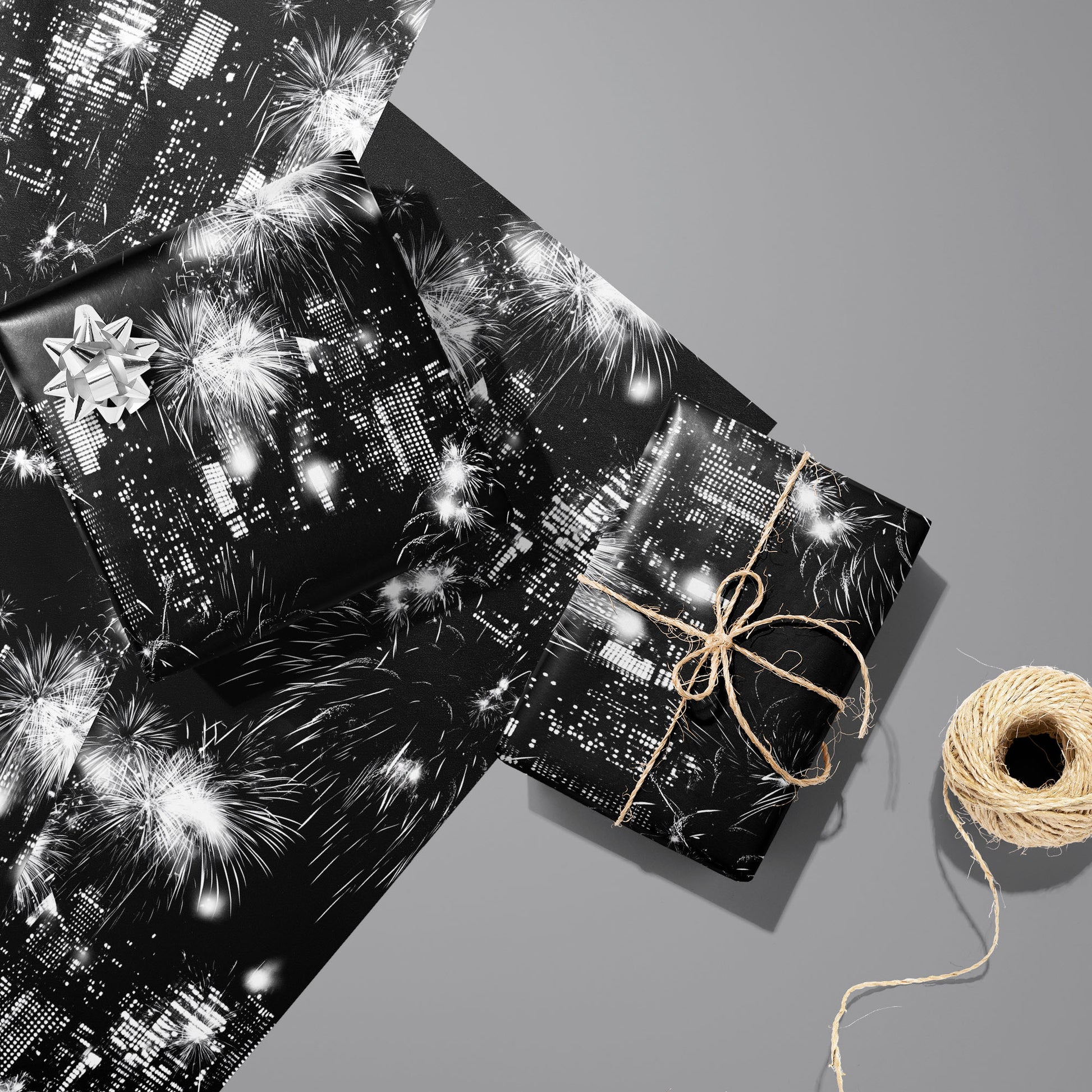 Two gifts in Skyline Celebration—one with a silver bow and one tied with twine—rest on two unused sheets beside a spool of twine on a cool gray background.