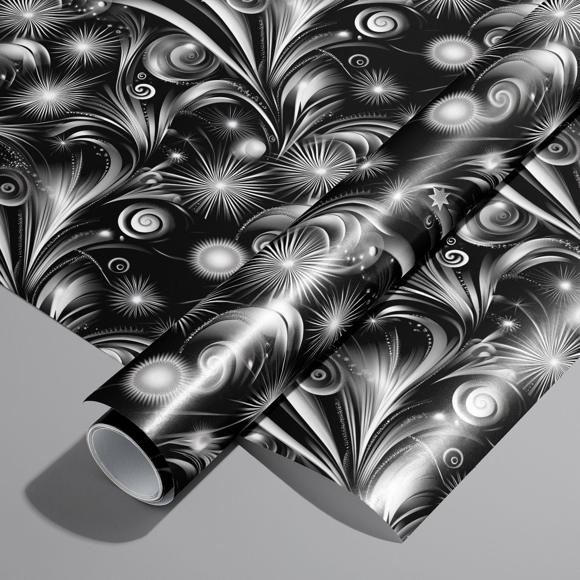A roll of Fireworks Finale wrapping paper resting on an unrolled sheet, with grayscale starbursts, spirals, and comet-like arcs on black, set on a medium gray background.