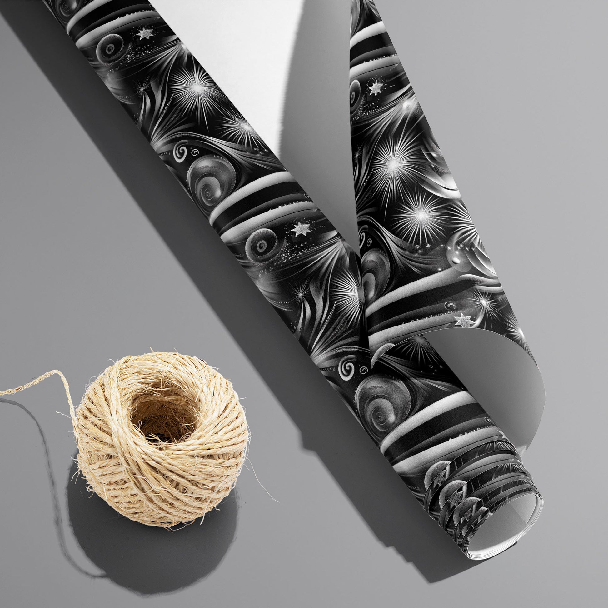 A partially unfurled roll of Fireworks Finale with the white underside visible beside a spool of natural twine, showing grayscale starbursts and swirls on black over medium gray.