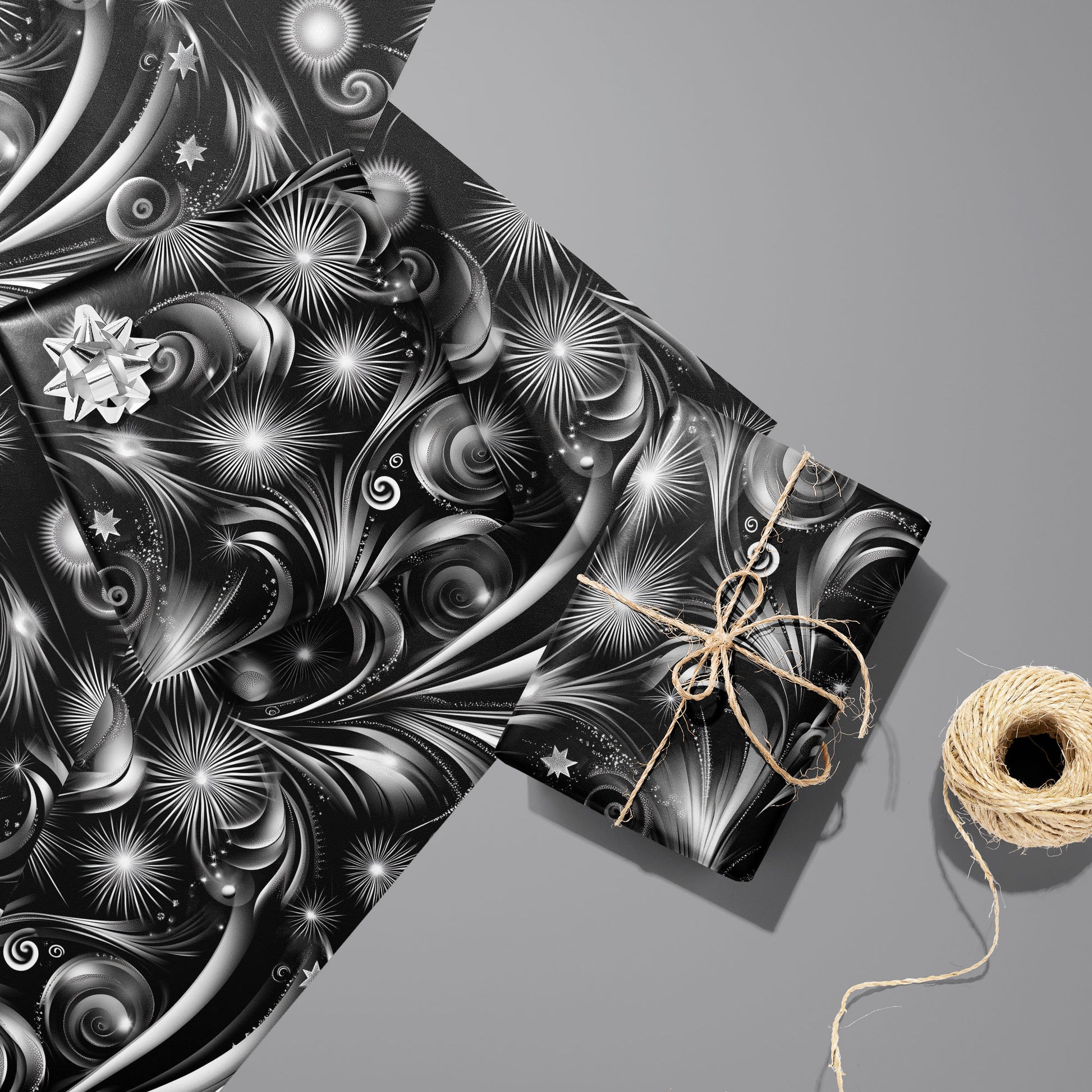 Two gifts in Fireworks Finale—one with a silver bow, one tied with twine—rest on two matching sheets next to a twine spool, with grayscale fireworks on black over medium gray.