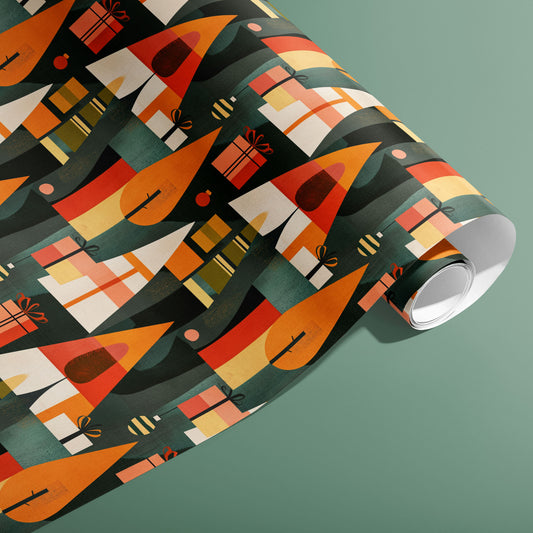 A partially unfurled roll of Geometric Forest paper featuring mid-century geometric trees and presents on a dark ground, set against a sage-green background.