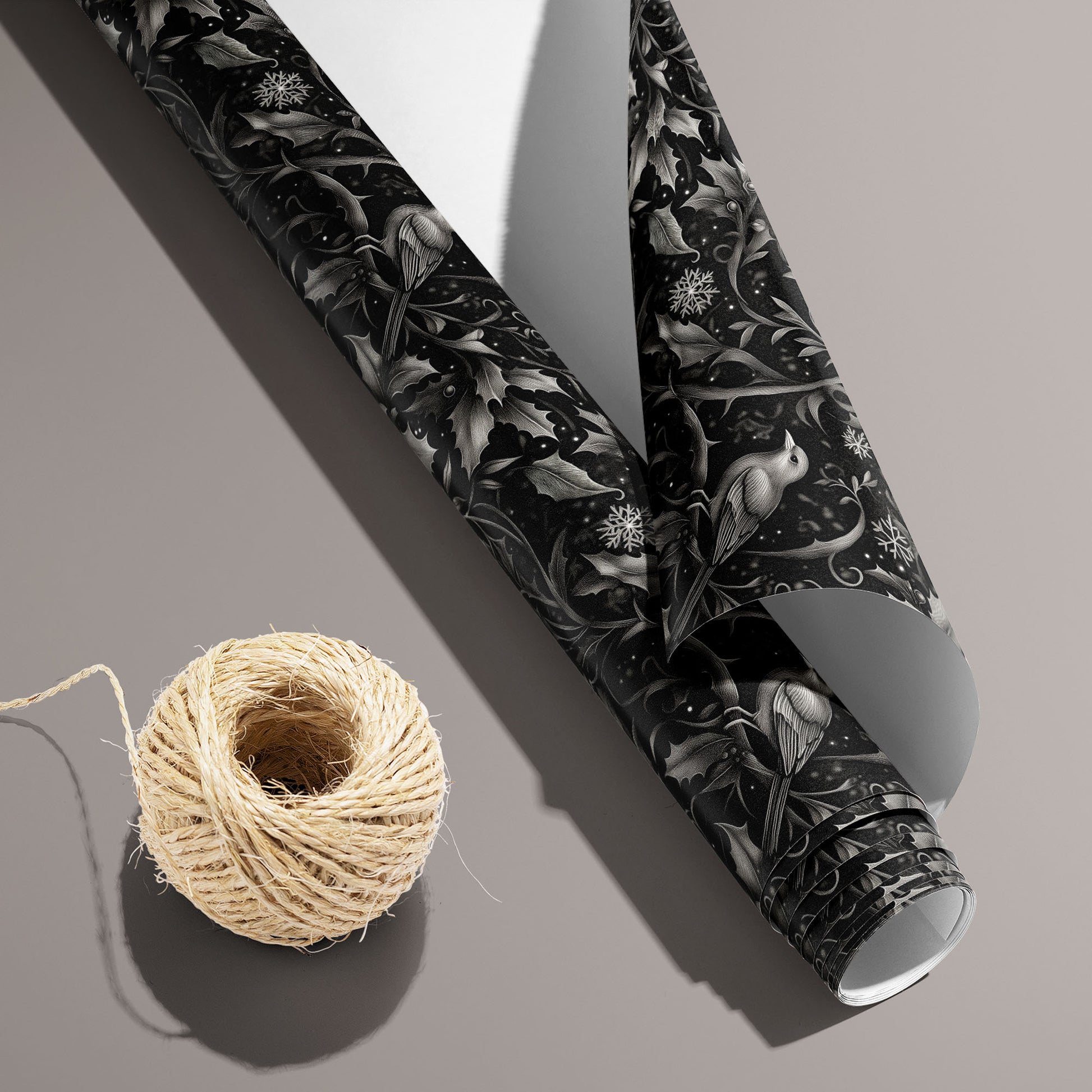 A partially unfurled roll of Winter Song with the white underside visible sits beside natural twine on a taupe surface, revealing birds, holly, and snowflakes on a black field.