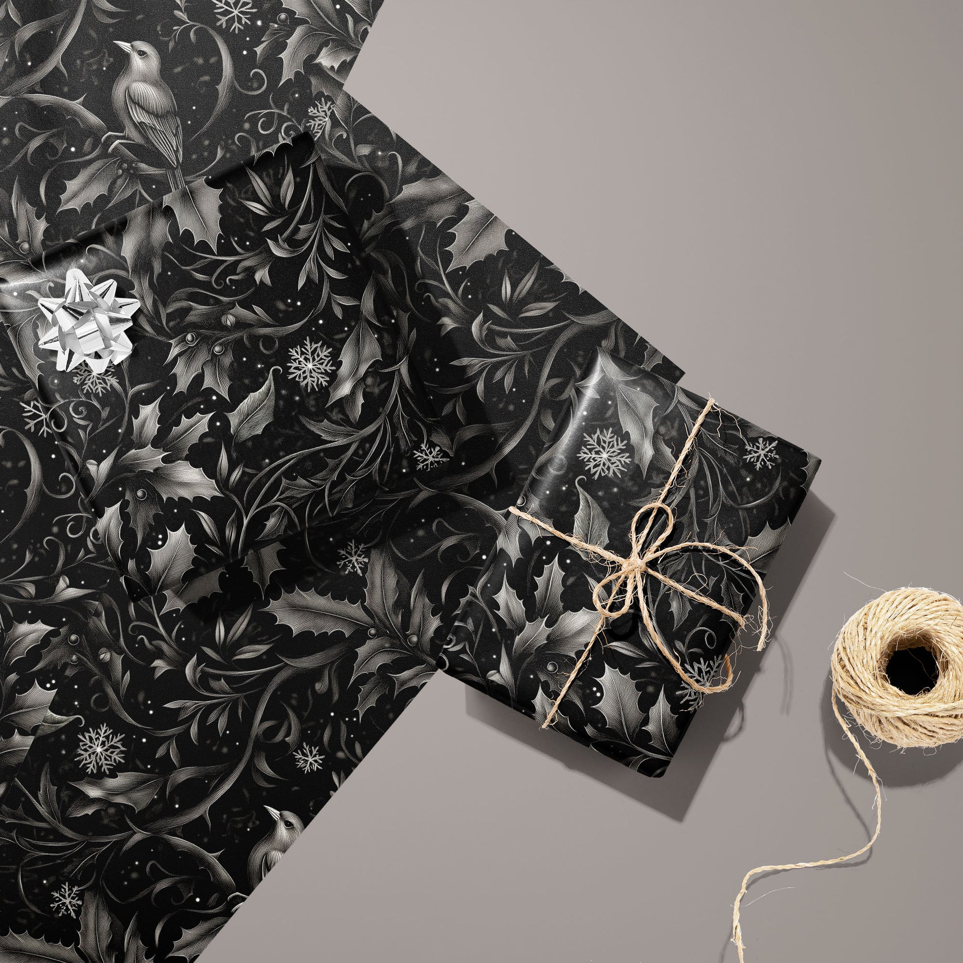 Two gifts in Winter Song—one with a silver bow and one tied with twine—rest on two unused sheets with birds, holly, and snowflakes on a black field beside twine on taupe.
