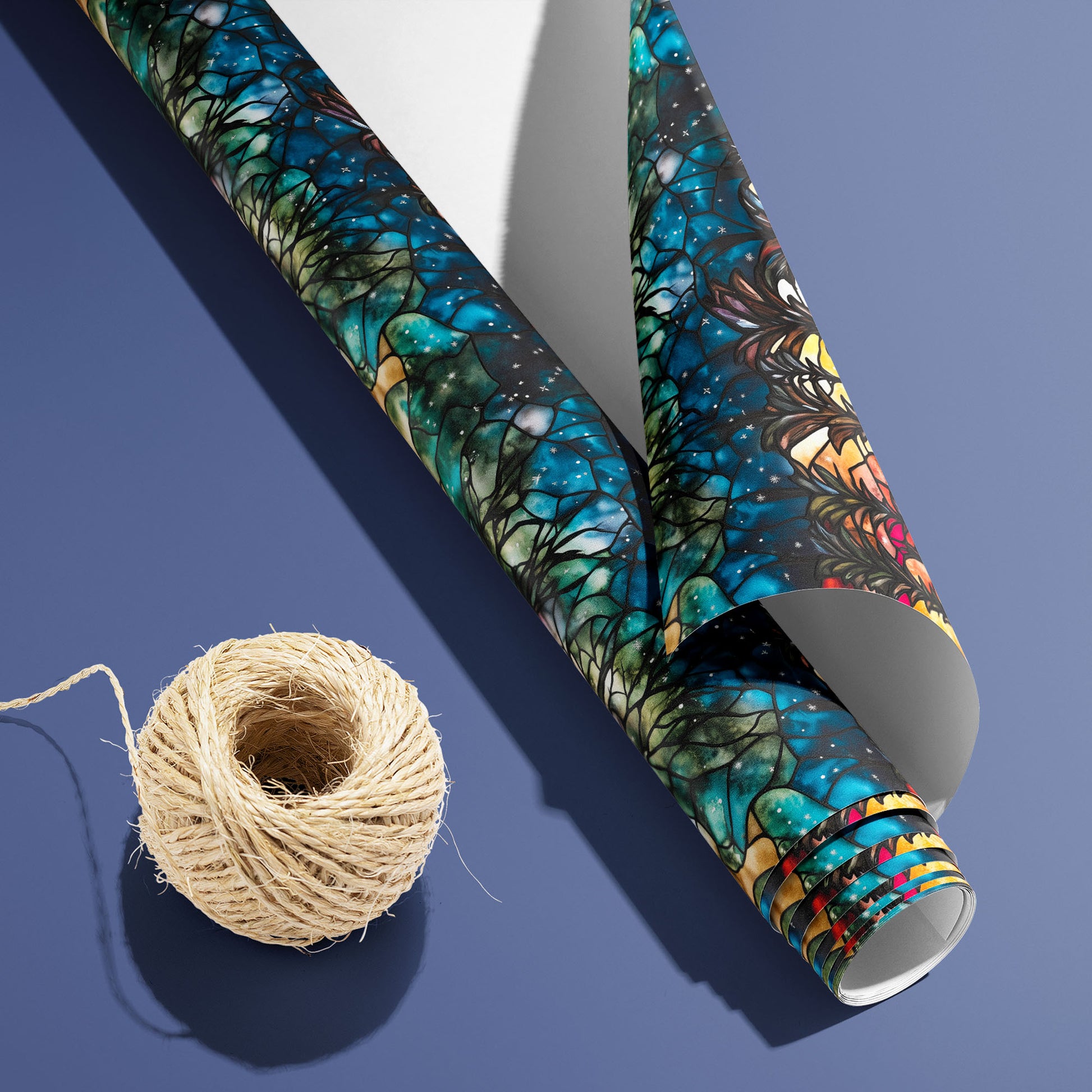 A partially unfurled roll of Starlit Grace with its white underside visible beside a spool of natural twine, displaying stained-glass deer and firs under a starry sky on a slate blue surface.