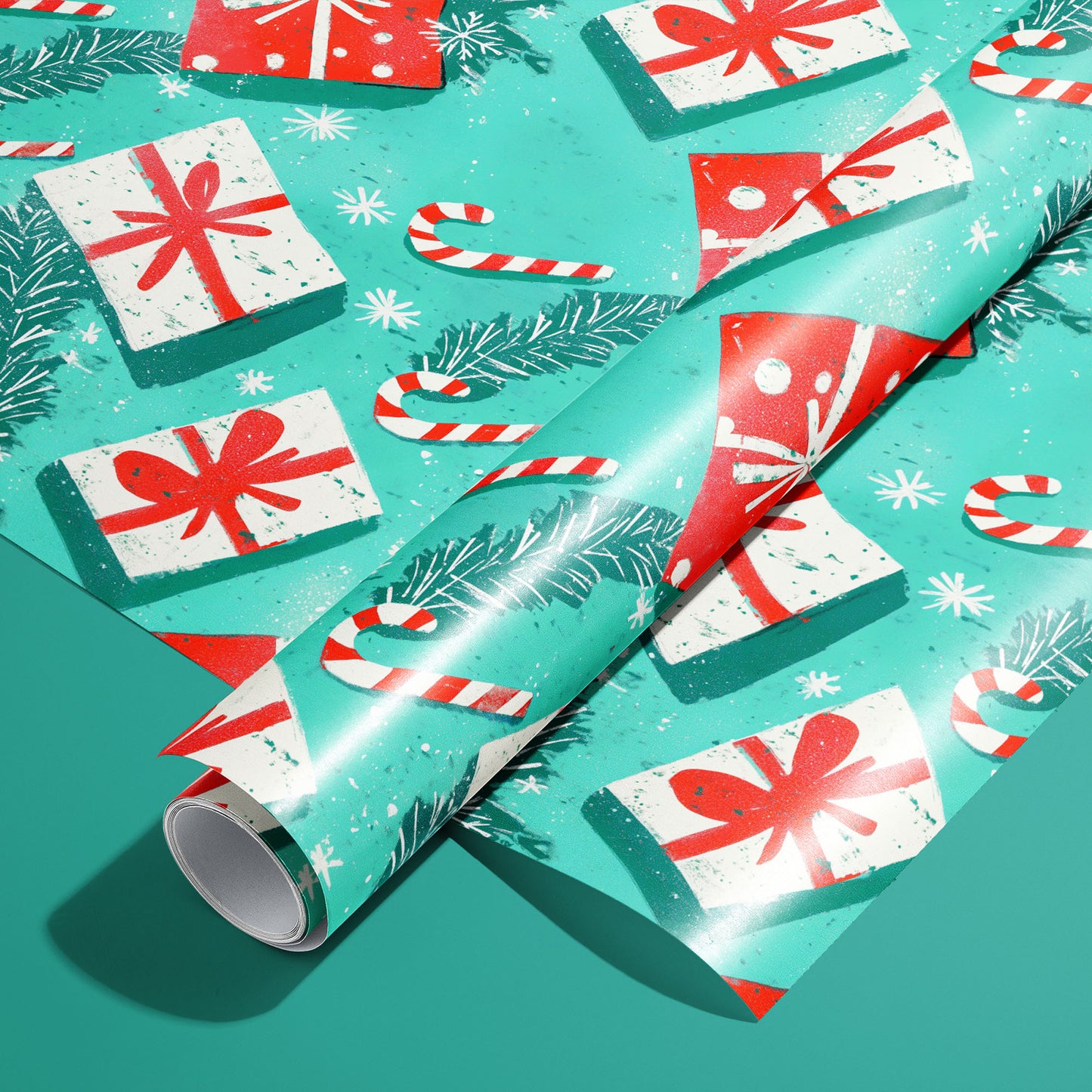 A roll of Peppermint Pop rests on a matching unrolled sheet, featuring candy canes, red-ribboned gifts, pine sprigs, and snowflakes on a bright teal-green background.