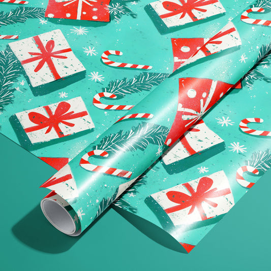 A roll of Peppermint Pop rests on a matching unrolled sheet, featuring candy canes, red-ribboned gifts, pine sprigs, and snowflakes on a bright teal-green background.