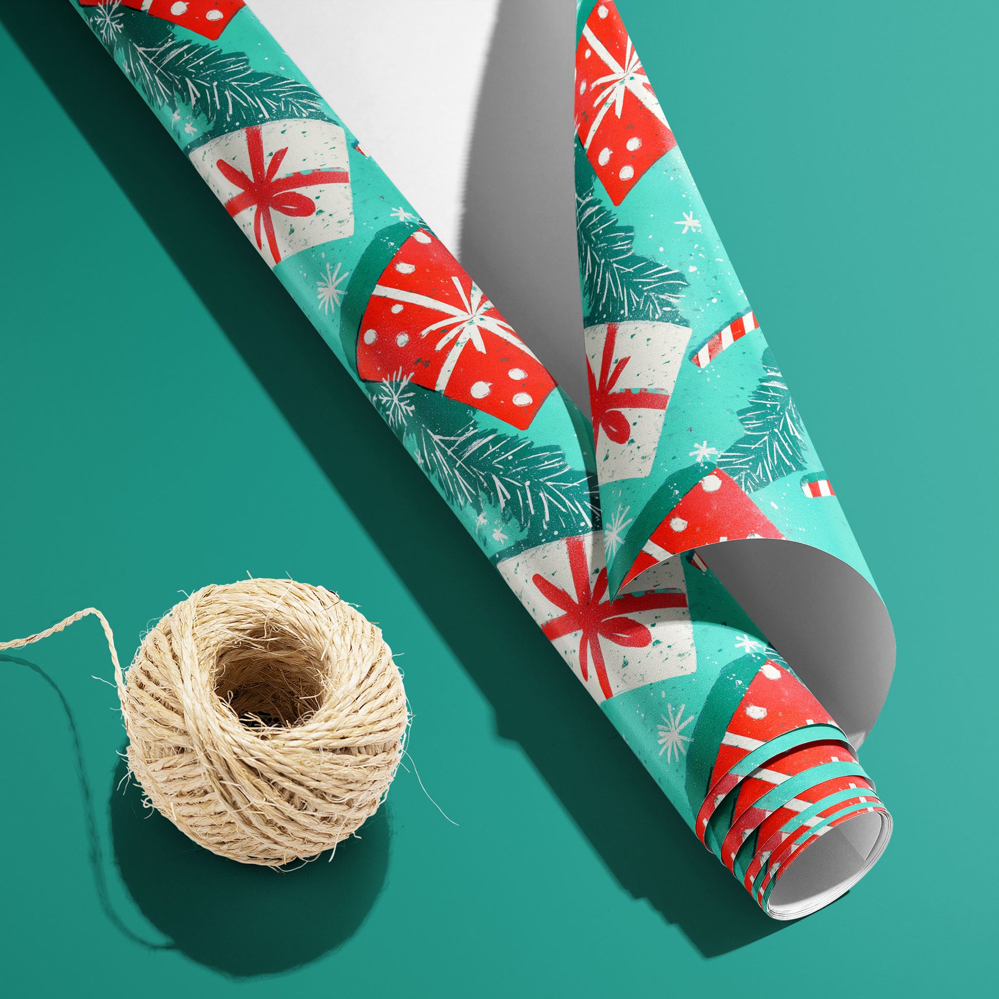 A partially unfurled roll of Peppermint Pop with the white underside visible sits beside natural twine on a teal-green surface, revealing candy canes, gifts, and snowflakes.