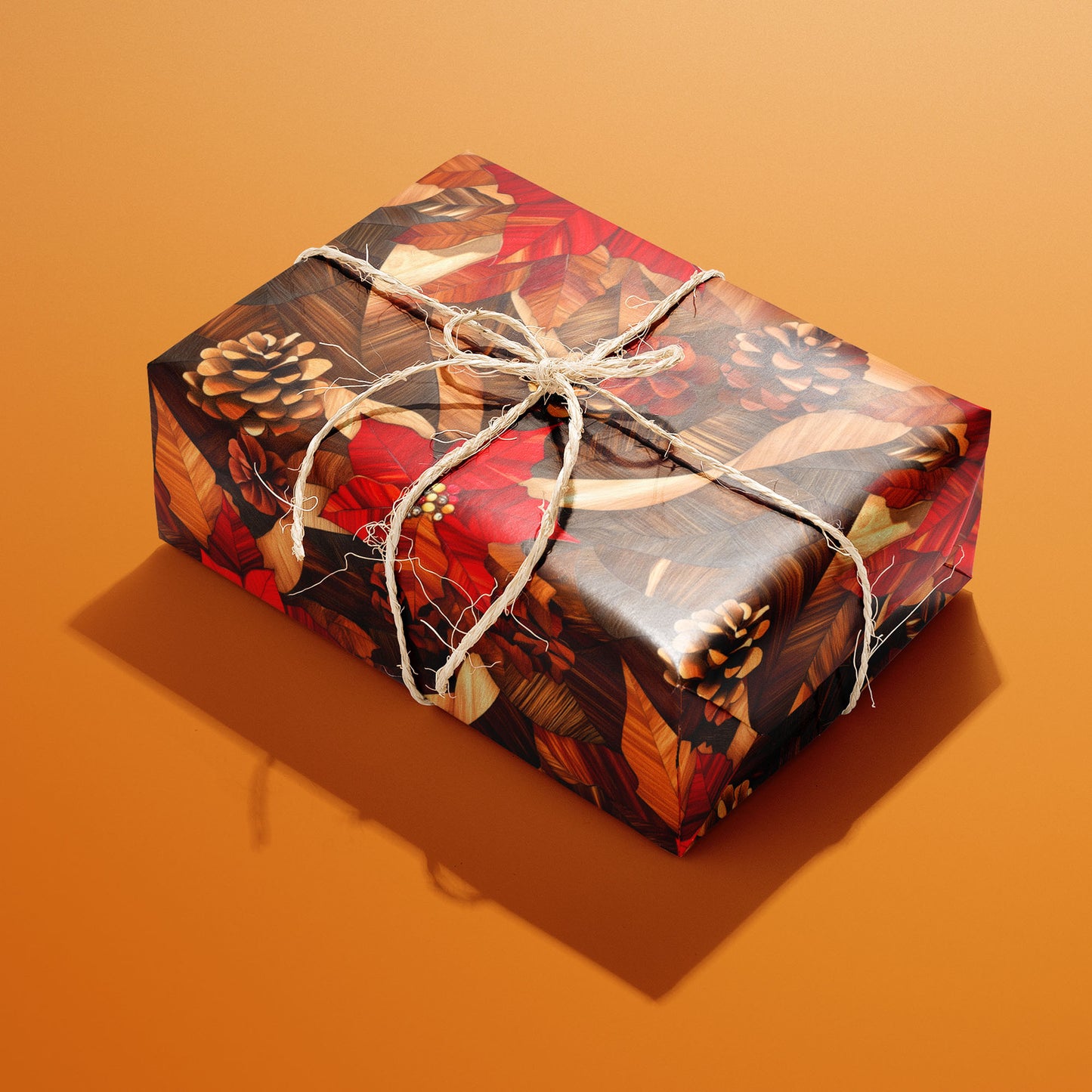 A single gift wrapped in Cedar & Scarlet paper and tied with natural twine, the poinsettia-and-pinecone motif glowing against the orange background.