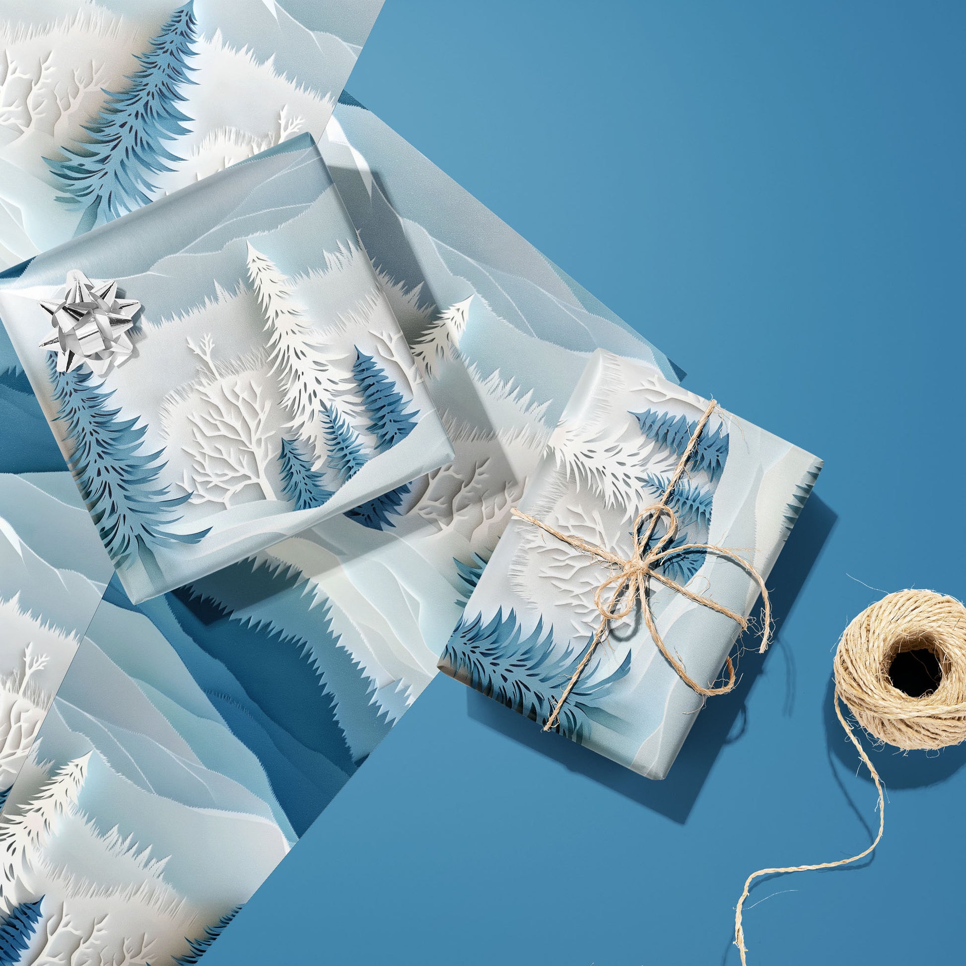 Two gifts in Snowy Grove wrap—one with a silver bow and one tied with twine—rest on two unused sheets beside a spool of twine on a medium blue background.