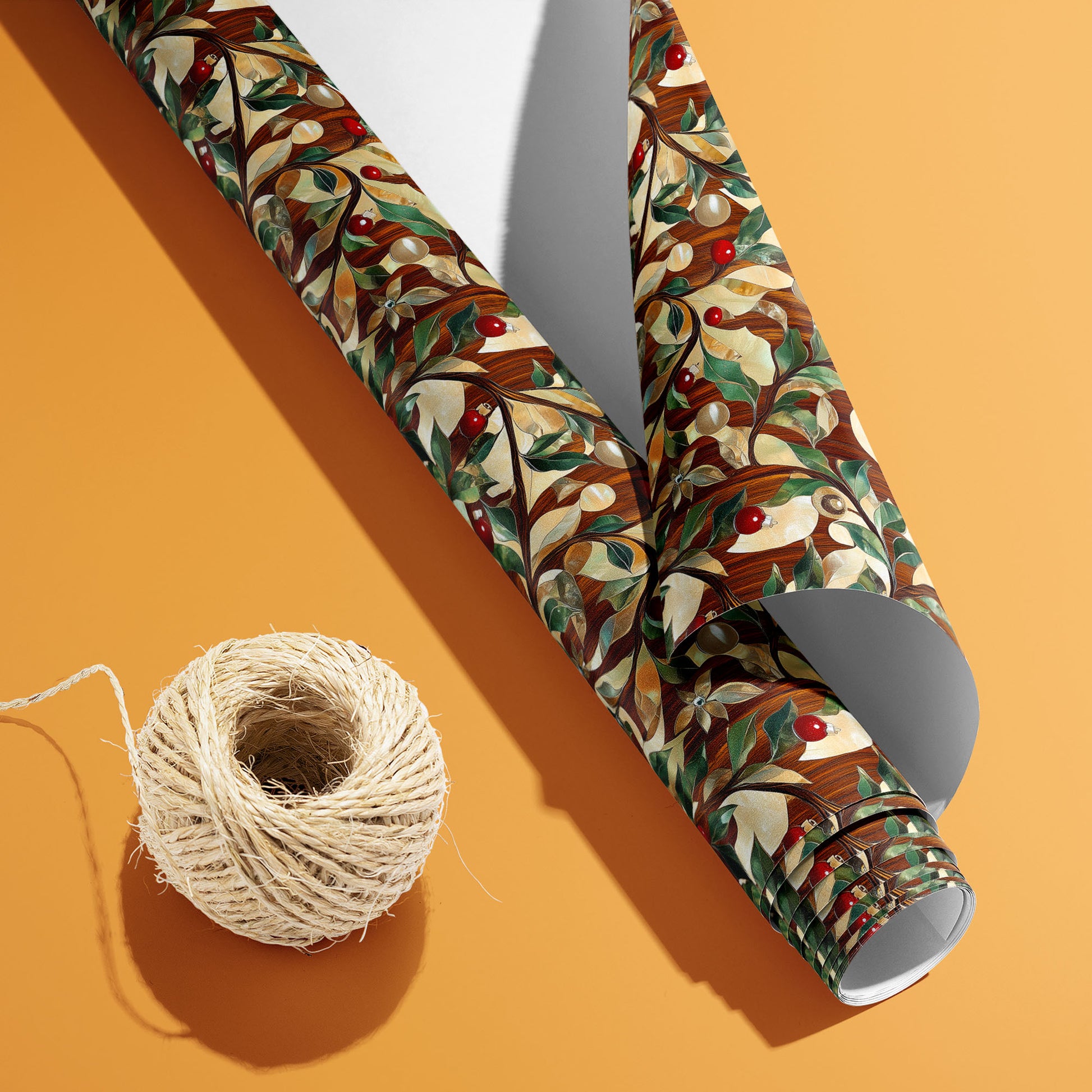 A partially unfurled Gilded Greenery roll with the white underside visible beside a spool of natural twine, featuring gilded foliage and berries over woodgrain on a warm orange background.