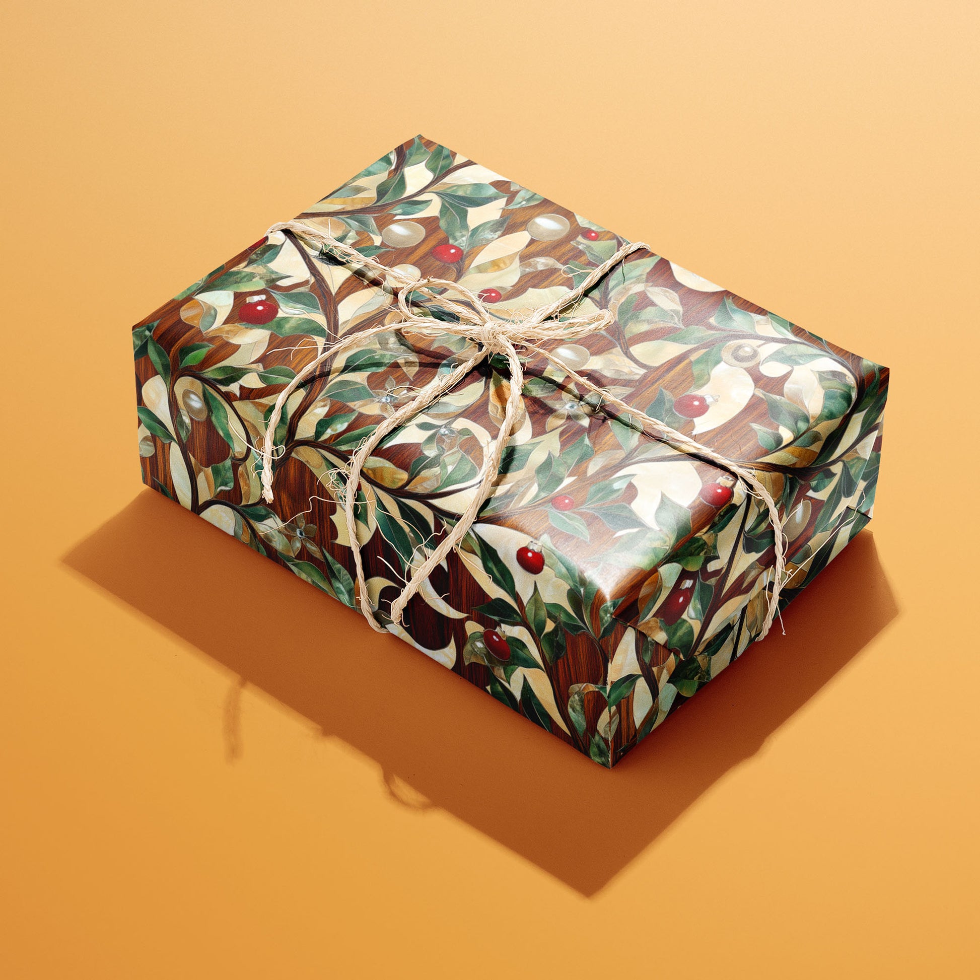 A single rectangular gift wrapped in Gilded Greenery paper, its gilded vines, green leaves, and red berries gleaming, tied with natural twine on a warm orange background.