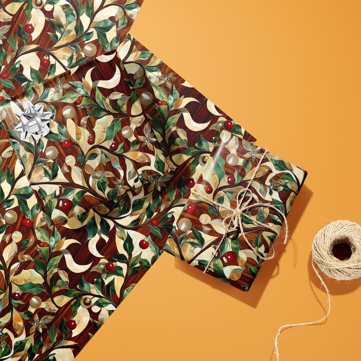Two gifts in Gilded Greenery’s gilded foliage design—one with a silver bow, one tied with twine—on two unused sheets beside a spool of twine on a warm orange background.