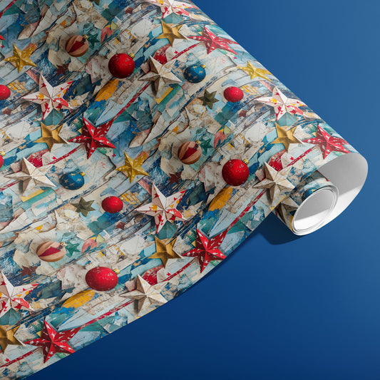 A partially unfurled roll of Weathered Cheer wrap showing weathered collage stripes, star garlands, and retro baubles in teal, red, and gold on a deep blue background.