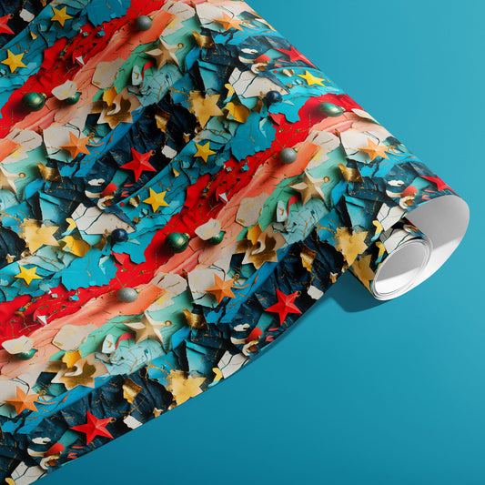 A partially unfurled roll of Starry Collage paper showing torn-paper layers, red and yellow stars, and metallic accents against a vivid teal backdrop.