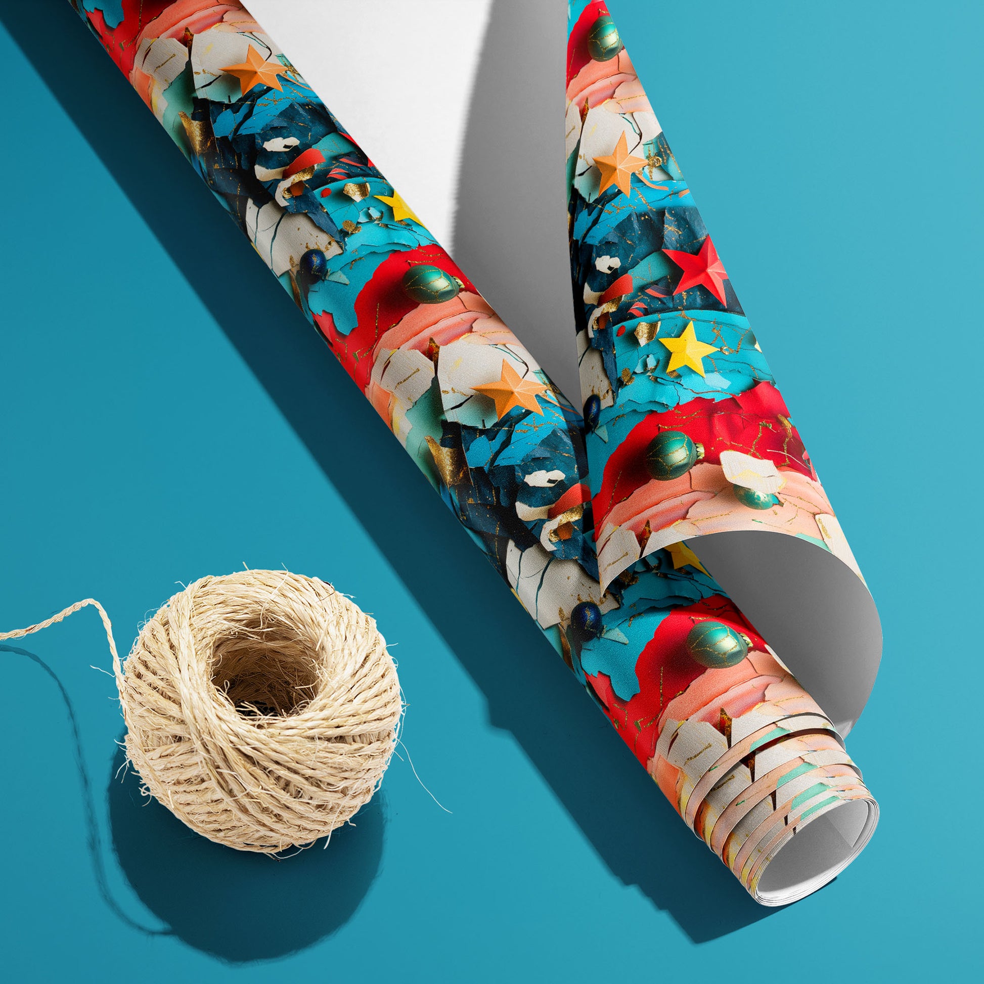 A partially unfurled Starry Collage roll with its white underside visible beside a spool of natural twine on a teal surface, showing stars, ornaments, and shimmering gold details.