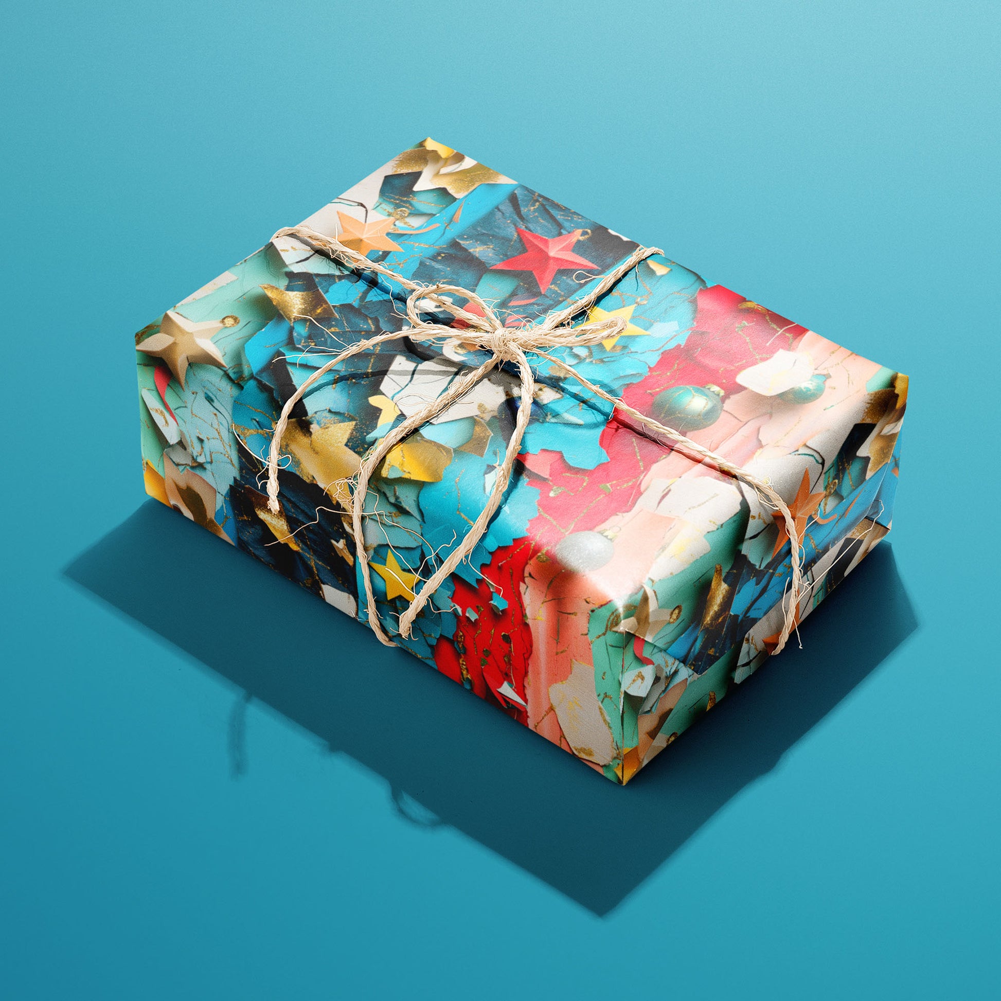 A single rectangular gift wrapped in Starry Collage and tied with natural twine, the layered star-and-ornament collage pattern popping against the teal background.