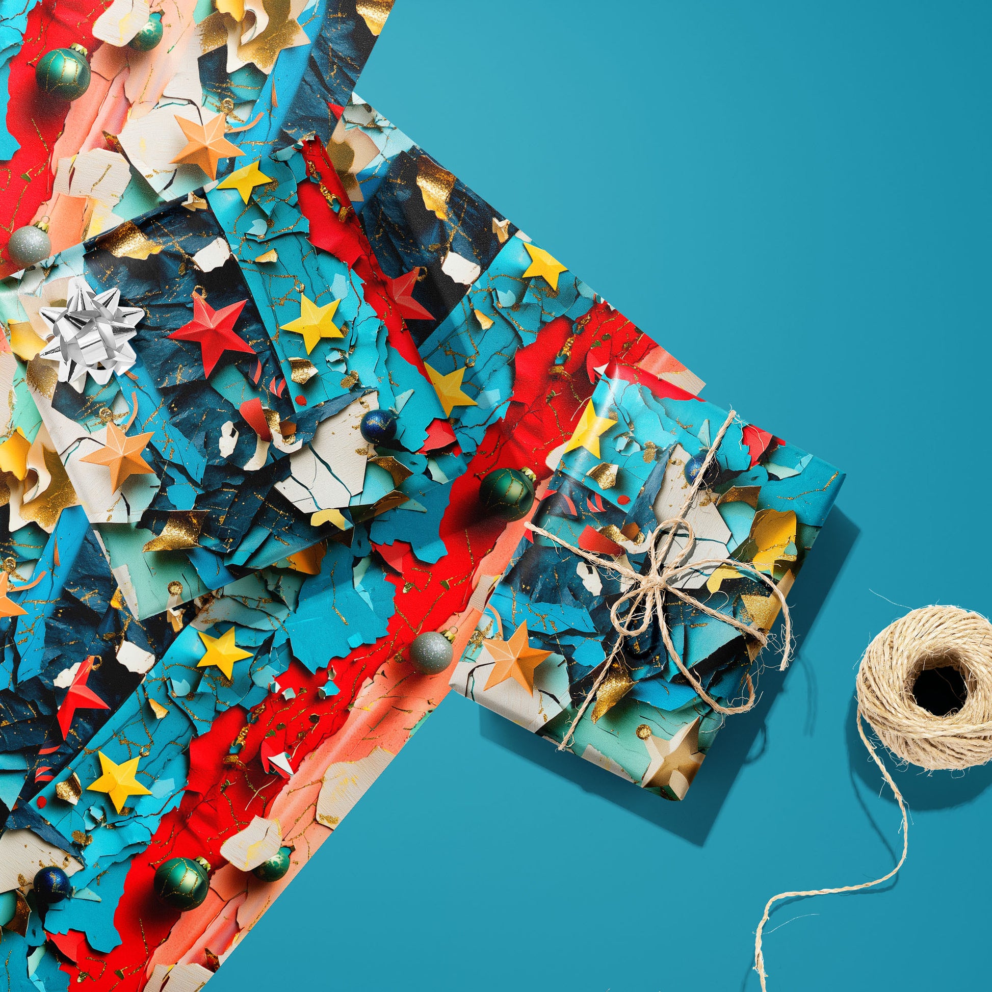 Two gifts in Starry Collage—one with a silver bow and one tied with natural twine—rest on two unused sheets beside a spool of twine, all set on a teal background.
