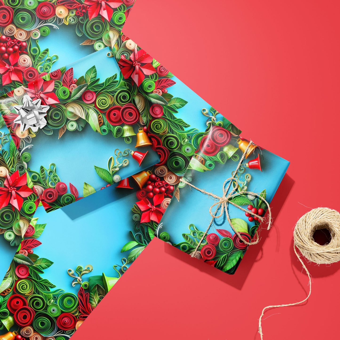 Two gifts in Yuletide Twirls—one with a silver bow and one tied with twine—rest on two unused sheets with quilled wreaths on a sky-blue ground, on a red surface beside twine.