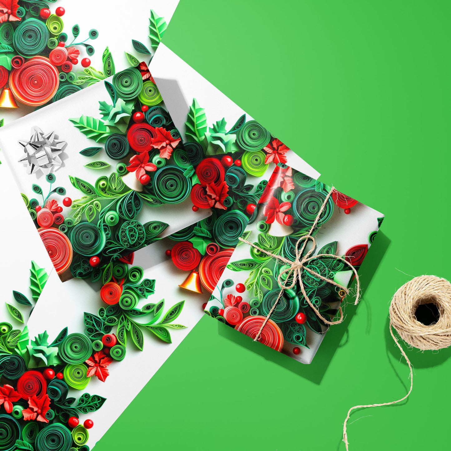 Two gifts wrapped in Festive Quills—one with a silver bow and one tied with twine—rest on two unused sheets beside a twine spool on a bright green surface, with quilled holly and berries on white.