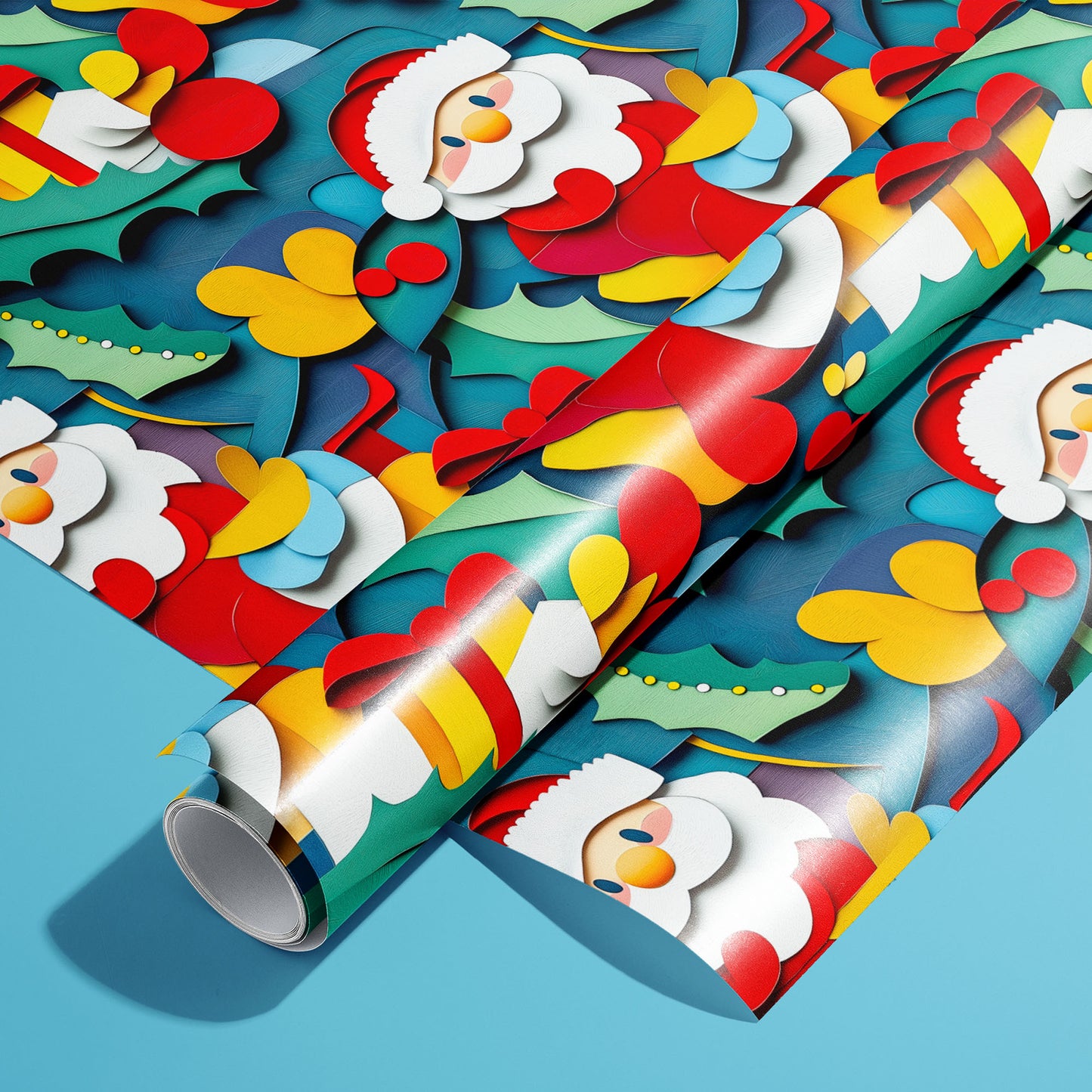 A roll of Santa Pop wrapping paper on an unrolled sheet, featuring paper-cut Santa faces, holly, berries, and gifts in bold colors on teal, set on a bright sky blue surface.