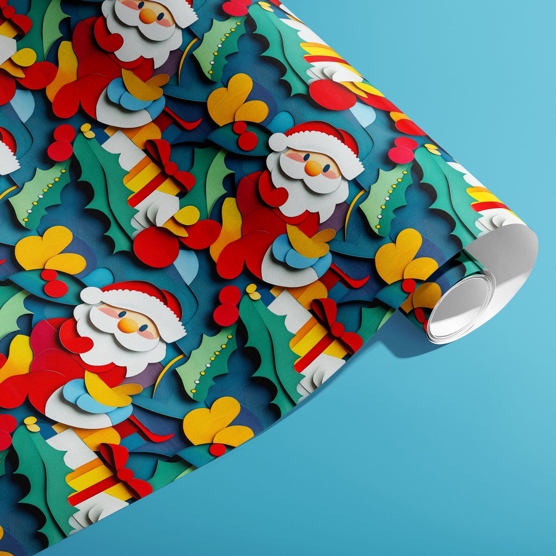 A partially unfurled roll of Santa Pop wrapping paper showing pop-art Santas, holly leaves, and gift motifs on a teal ground, resting on a bright sky blue surface.