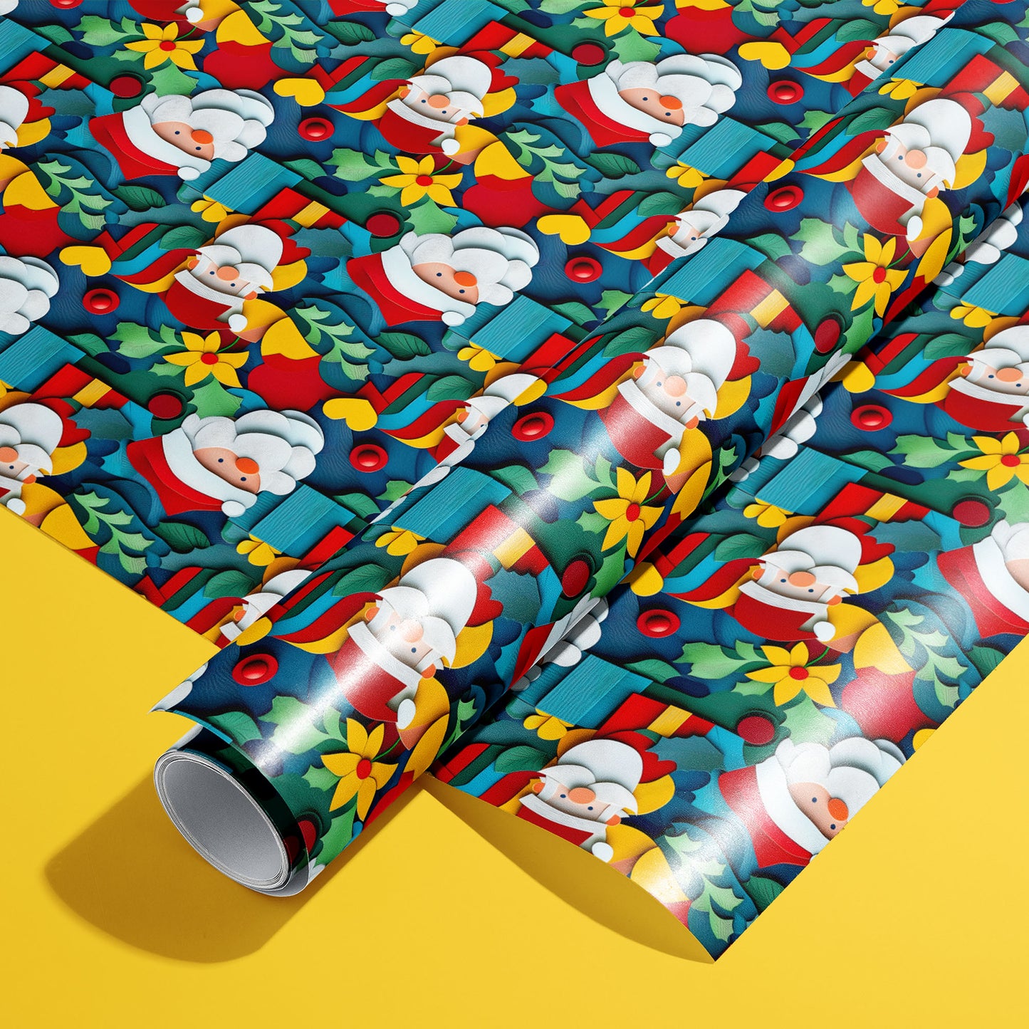 A roll of Christmas Cutouts wrapping paper resting on a matching unrolled sheet, featuring papercraft Santas, holly, berries, gifts, and yellow flowers on a deep teal ground over a yellow surface.