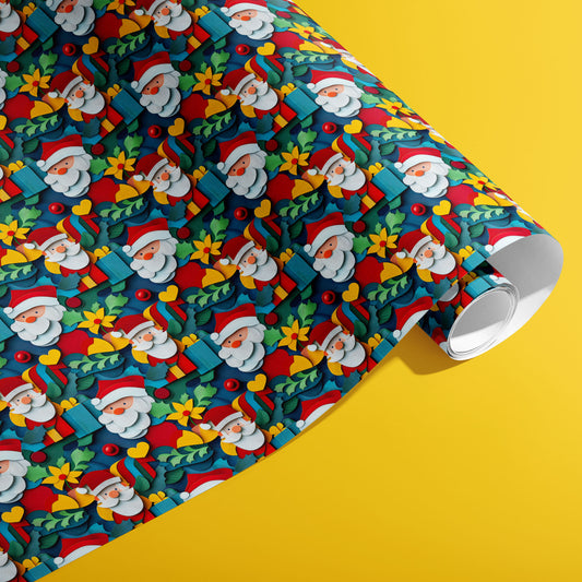 A partially unfurled roll of Christmas Cutouts paper showing cheerful cutout Santas, holly leaves, red ornaments, and wrapped gifts against a deep teal field on a yellow background.
