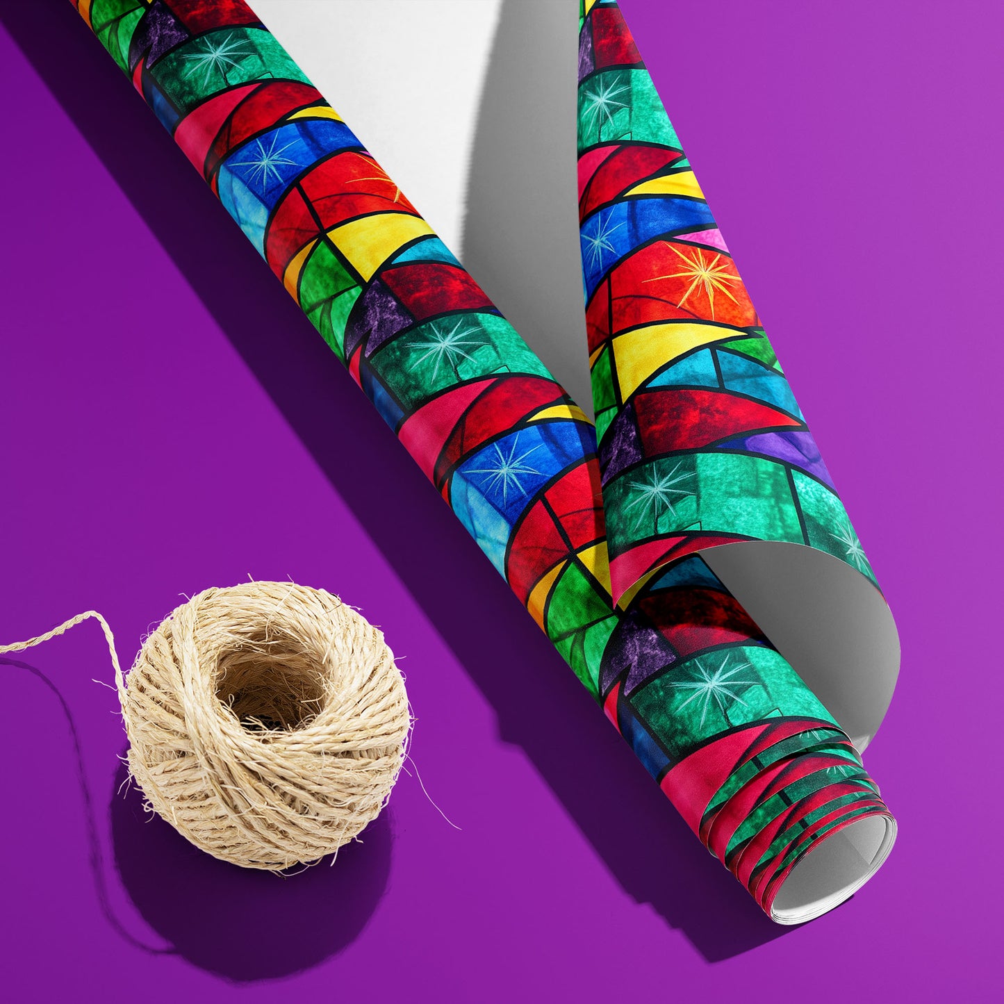 A partially unfurled roll of Prismatic Holiday showing its white underside beside a spool of natural twine, with rainbow stained-glass shards and starbursts on a purple surface.