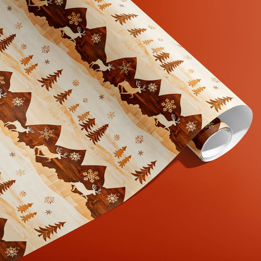 A partially unfurled roll of Rustic Reindeer displays layered wood-inlay reindeer, pines, and snowflakes on a cream field against a burnt-orange backdrop.