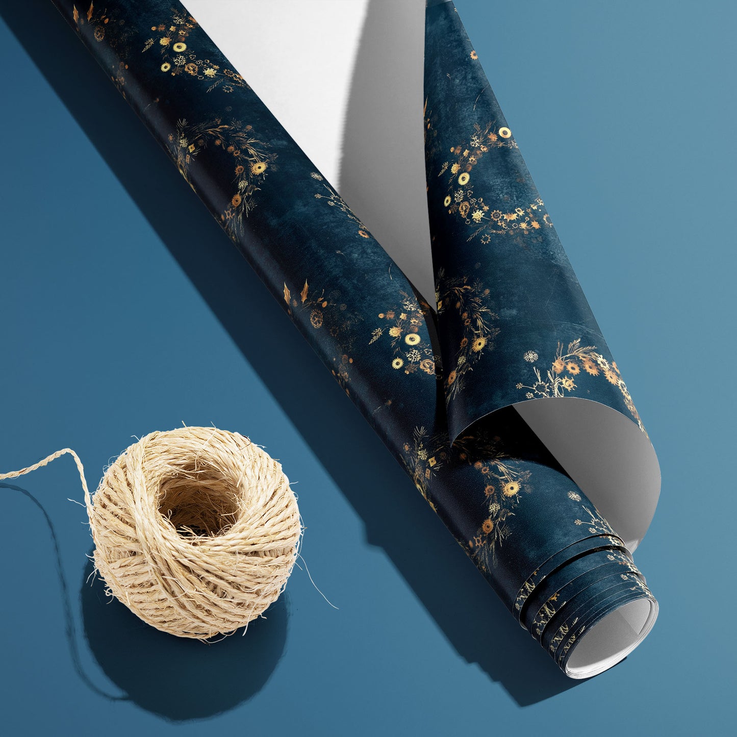 A partially unfurled Gilded Gears roll with its white underside visible beside a spool of natural twine on a blue surface, showing gilded cog wreaths on deep navy.