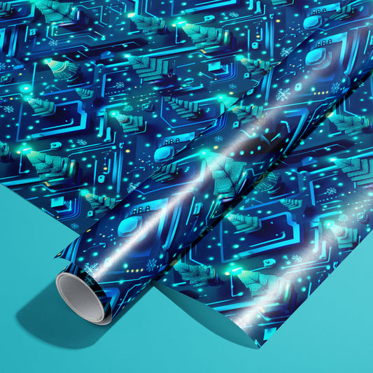 roll of Xmas Grid wrapping paper on a matching unrolled sheet, showing neon circuit-board lines, microchips, and evergreen icons on deep navy, set on a teal surface.