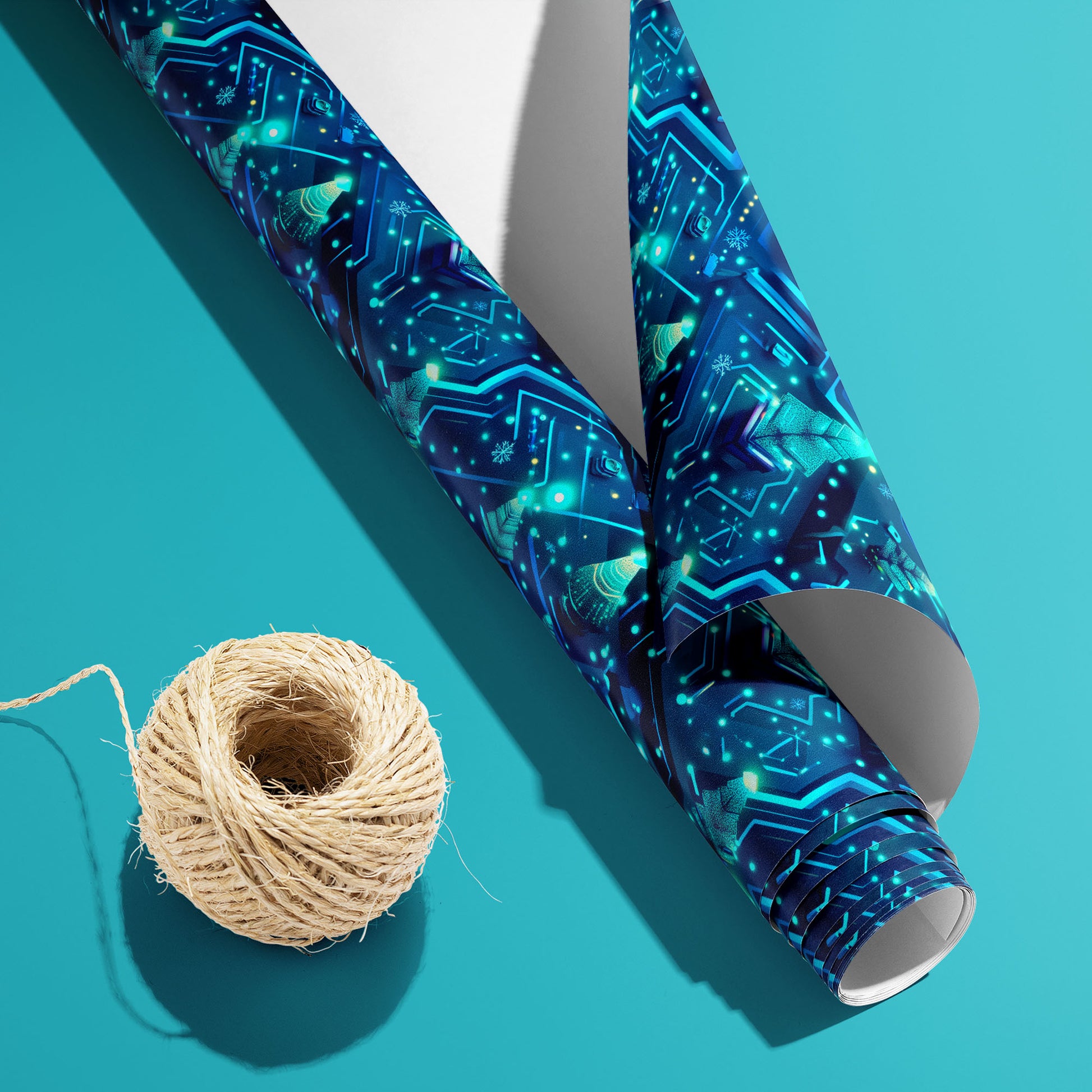 A partially unfurled Xmas Grid roll with its white underside beside a spool of natural twine on teal, featuring glowing circuit paths, chips, and tiny trees on deep navy.